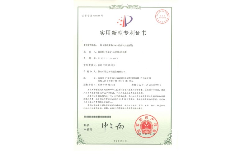 漆喷雾和voCs的废气处理系统实用新型专利证书